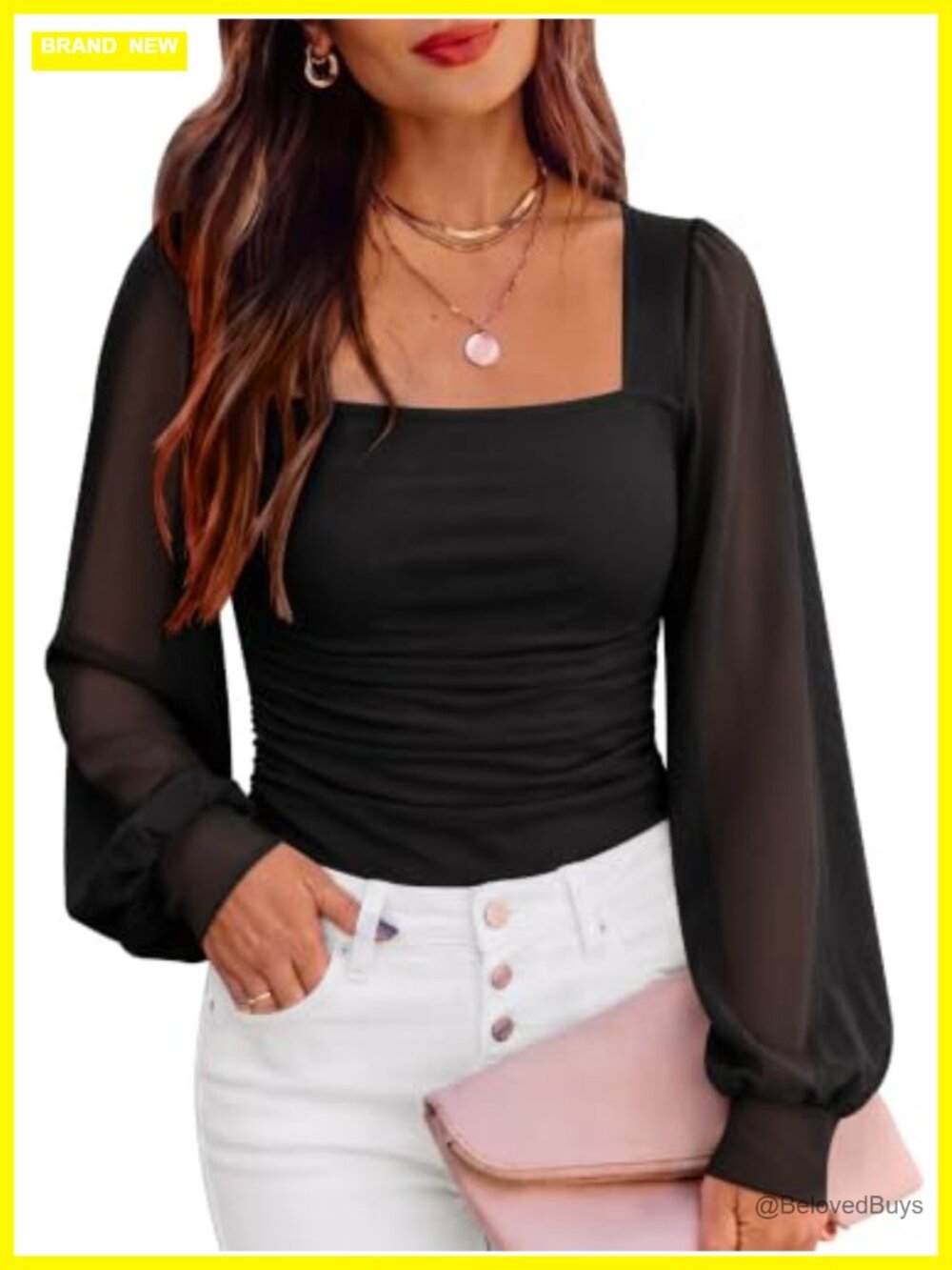 Mesh Long Sleeve Puff Sleeve Square Neck Slim Fit Top